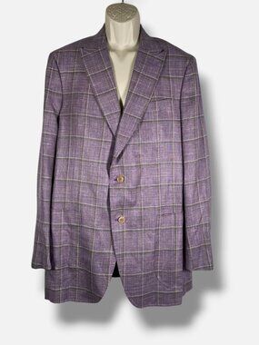 Isaia Men's Purple Linen Tonal Windowpane Sport Coat Suit Jacket Size 44L